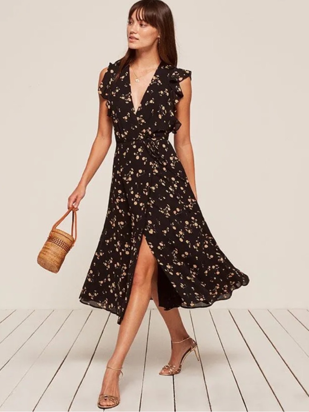 Reformation Hillary Yellow Floral Limoncello Black Midi Wrap Dress Small